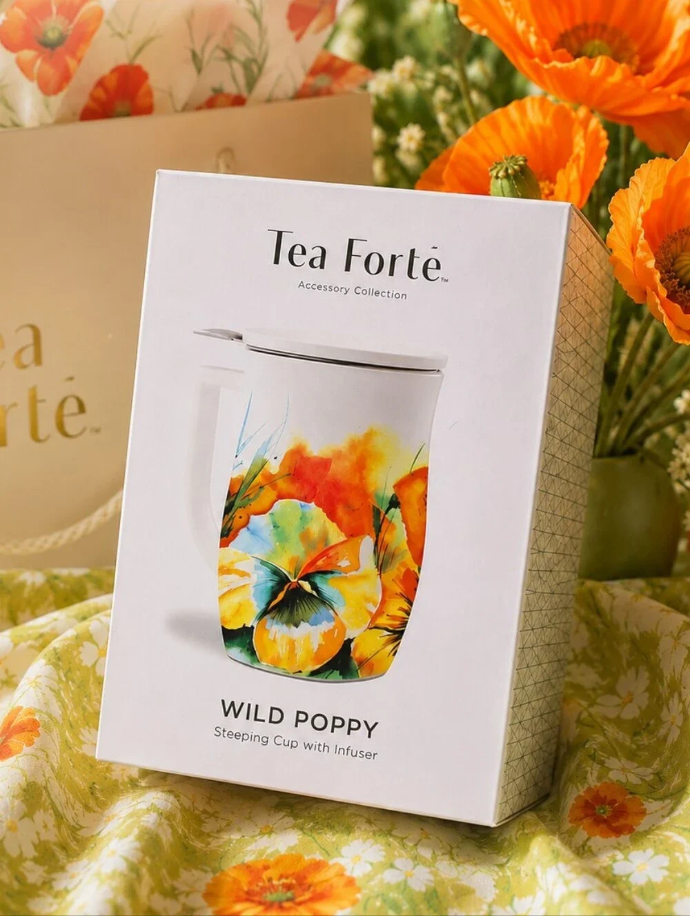 NIB Tea Forte Fiore Wild Poppy 14oz Steeping Cup Infuser Lid Floral